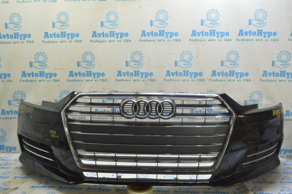 Бампер передний в сборе Audi A4 B9 17-19 без омывател и парктрон, черный, с решеткой рад (02)